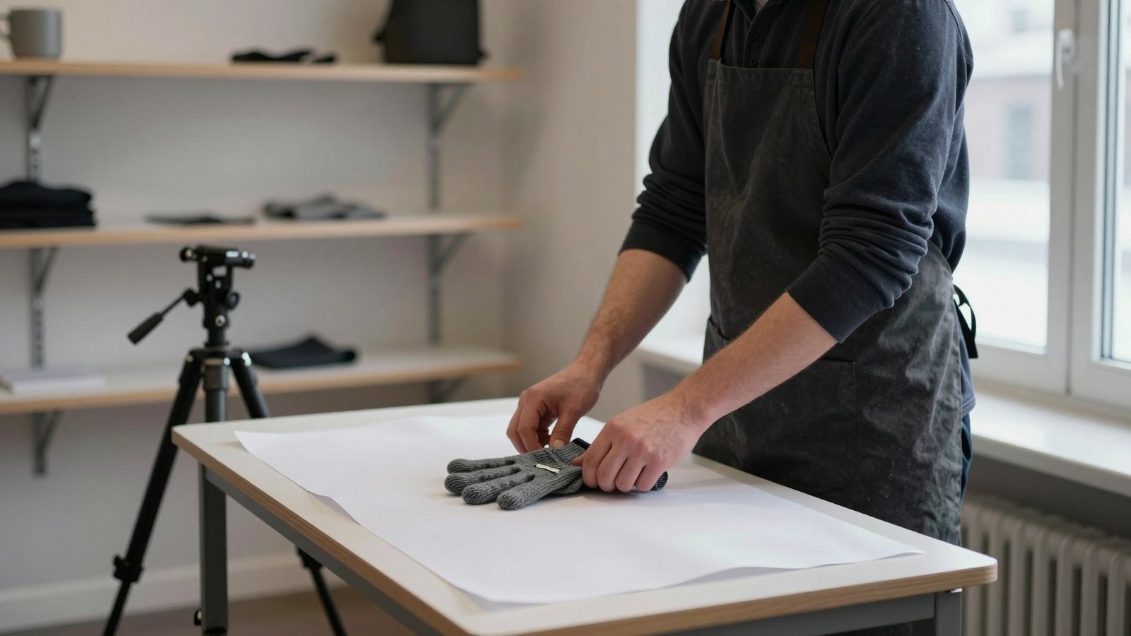 A shop worker arranges a woollen glove on a white background for a photograph, lit only by a large window