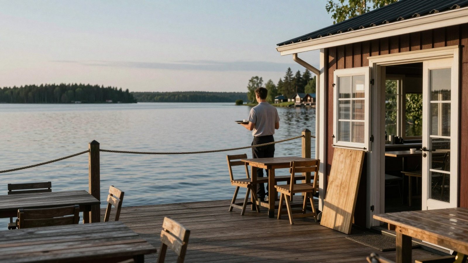 Järvenrantakahvilan terassin takaosa on rajattu köydellä, tarjoilija kantaa tarjotinta kesäillan valossa