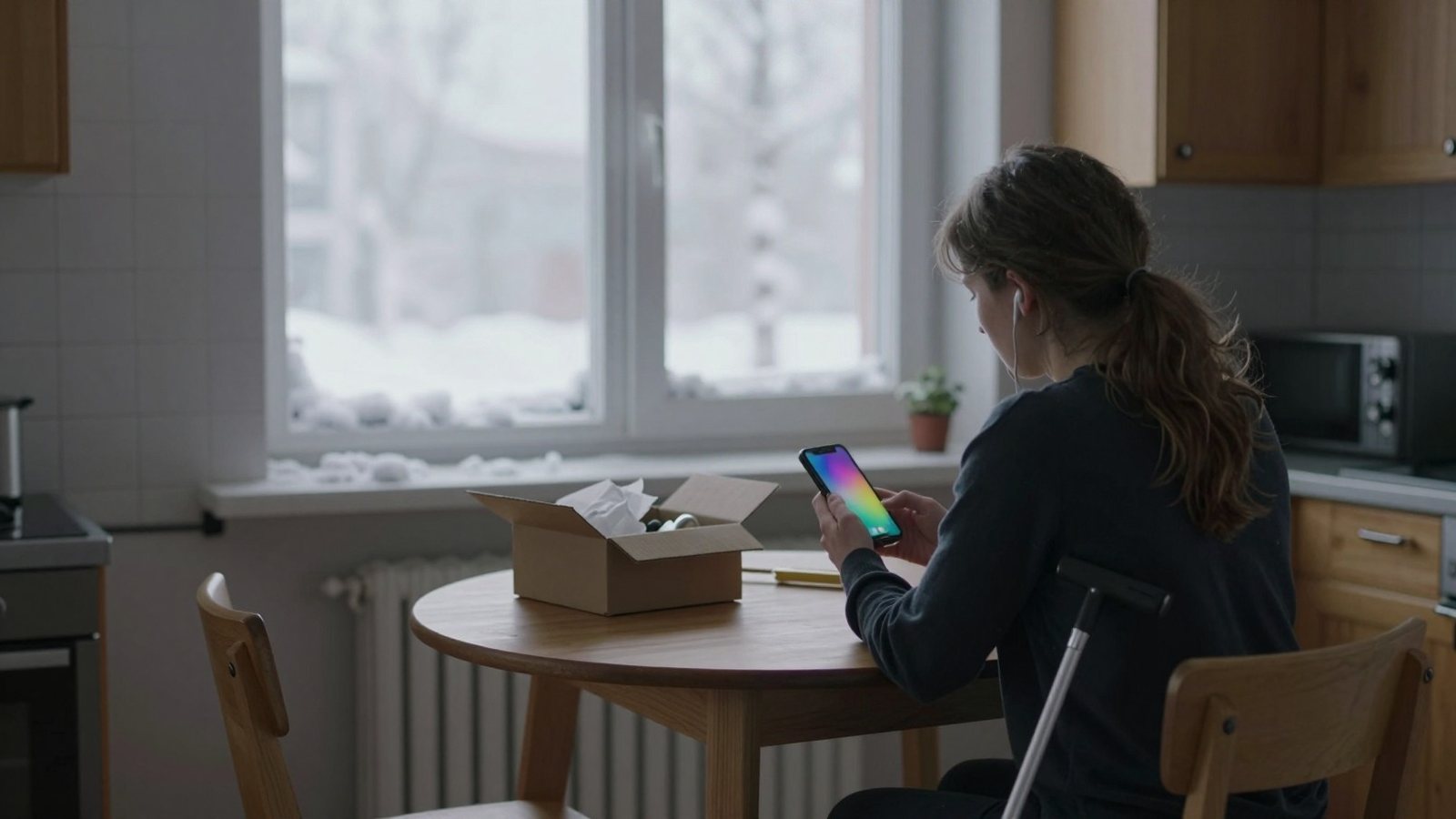 Nainen kuuntelee puhelinta kuulokkeilla keittiössä, valkoinen keppi tuolia vasten ja avattu paketti pöydällä