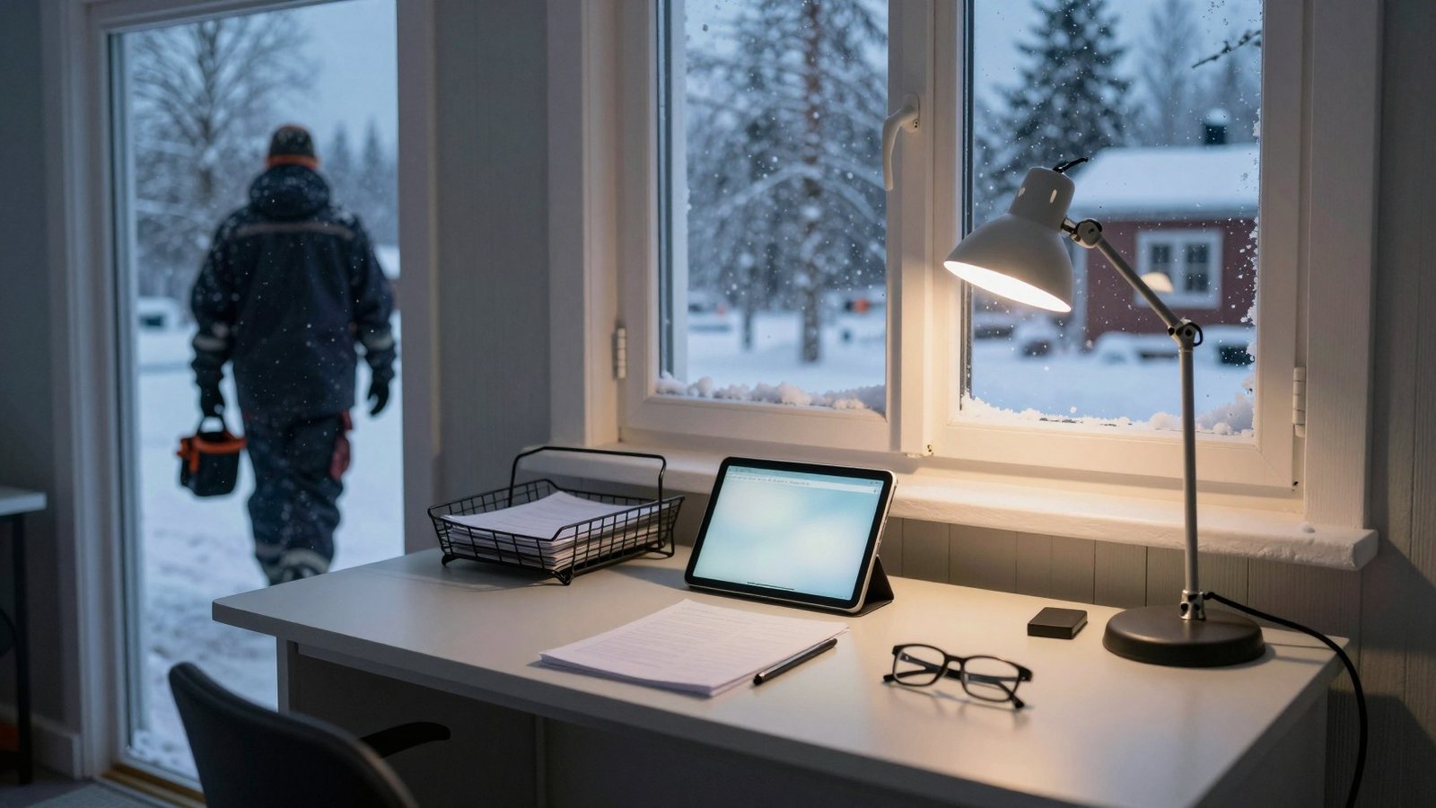 Kiinteistöhuollon toimiston pöydällä tabletti, kosketuskynä ja tyhjä paperilokero talviaamuna