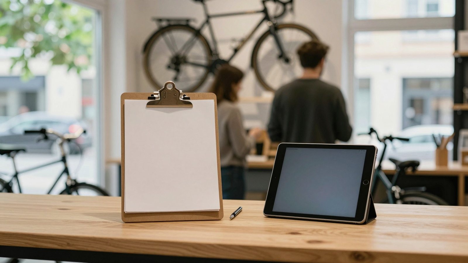 Kirjoitusalusta, kynä ja tabletti pyöräliikkeen tiskillä, taustalla myyjä ja asiakas toukokuussa