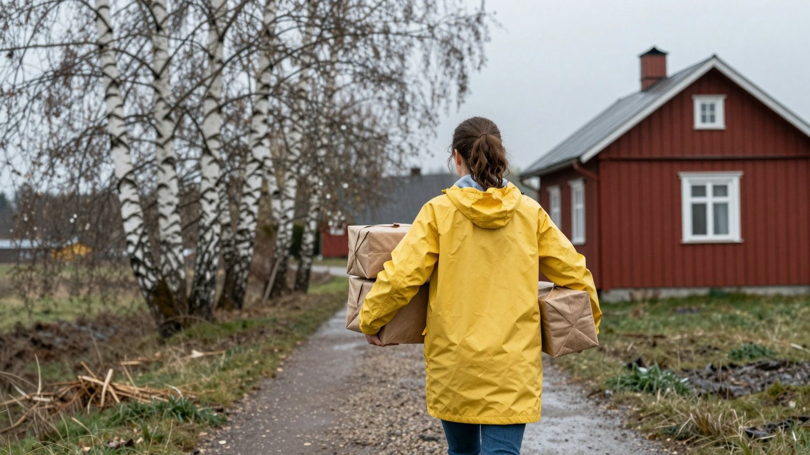 A woman in a yellow raincoat carries two brown paper parcels along a wet gravel path towards a red wooden house.