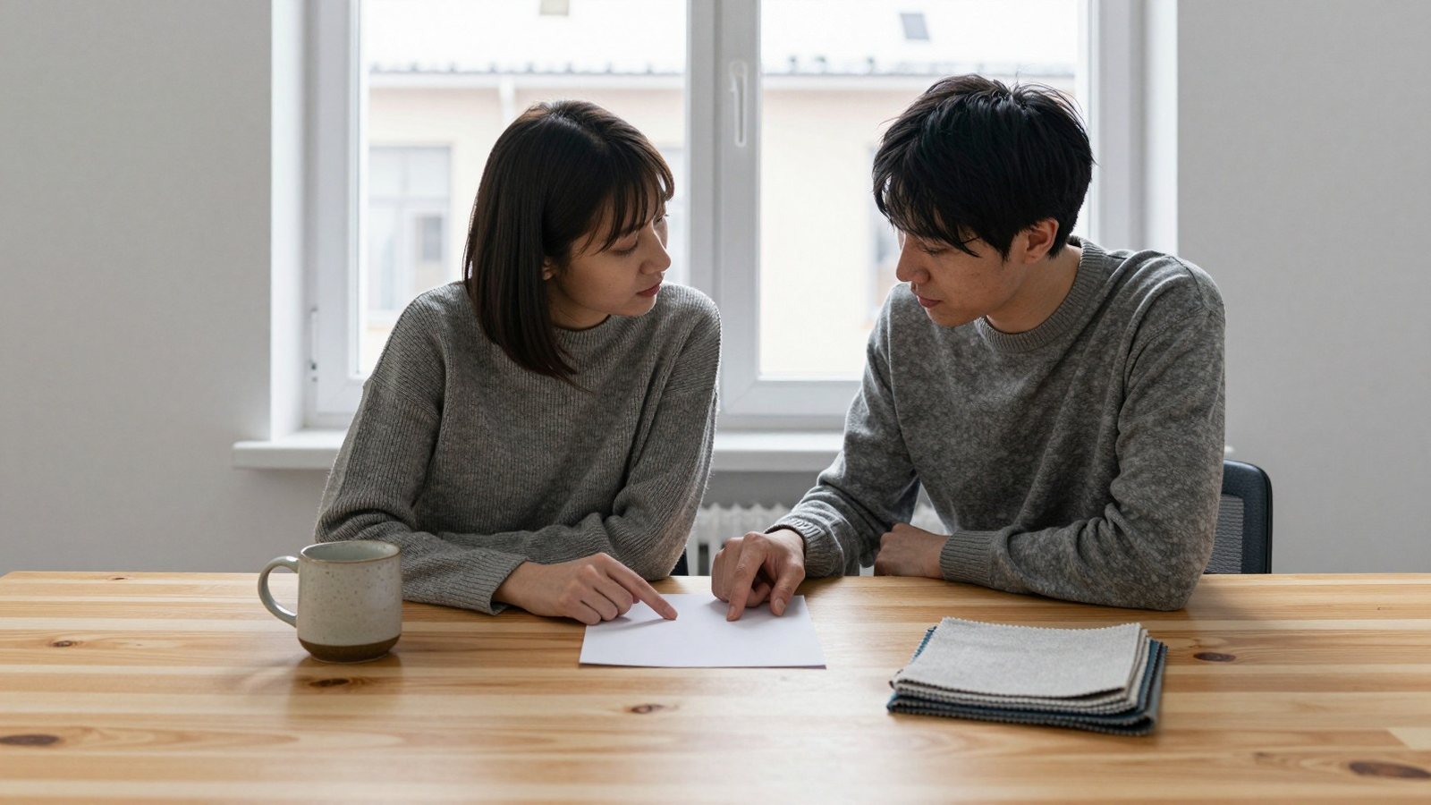 Two colleagues at a pine table in a bright Finnish office, one pointing at a blank sheet of paper between them.