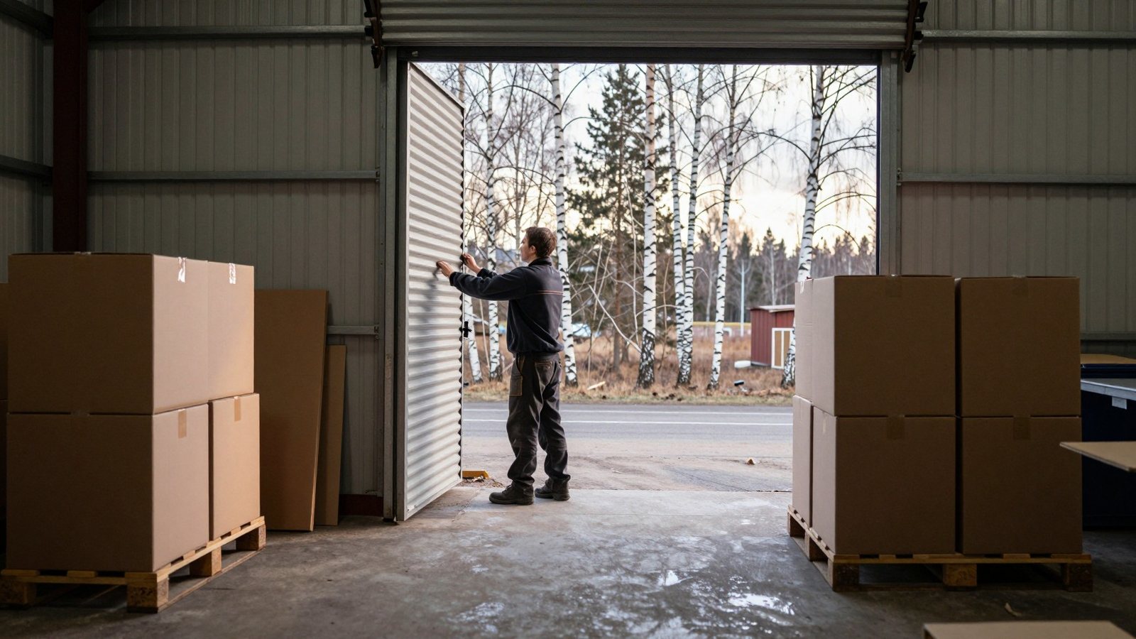 A person seen from behind opening the shutter of a small workshop unit on a spring morning.