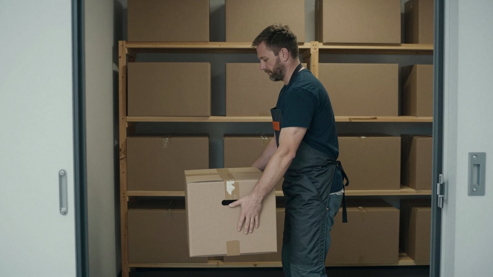 A man in a work apron lifts a plain cardboard box onto a trolley in a small Finnish storeroom, lit by daylight from the loading door.
