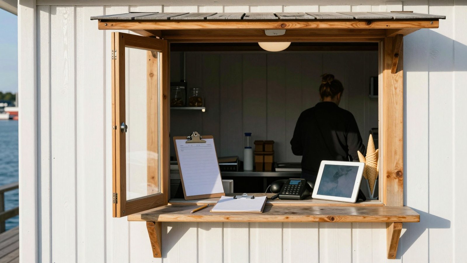 Jäätelökioskin tiskillä kirjoitusalusta, kynä, vanha puhelin ja tabletti satamassa kevätaamuna