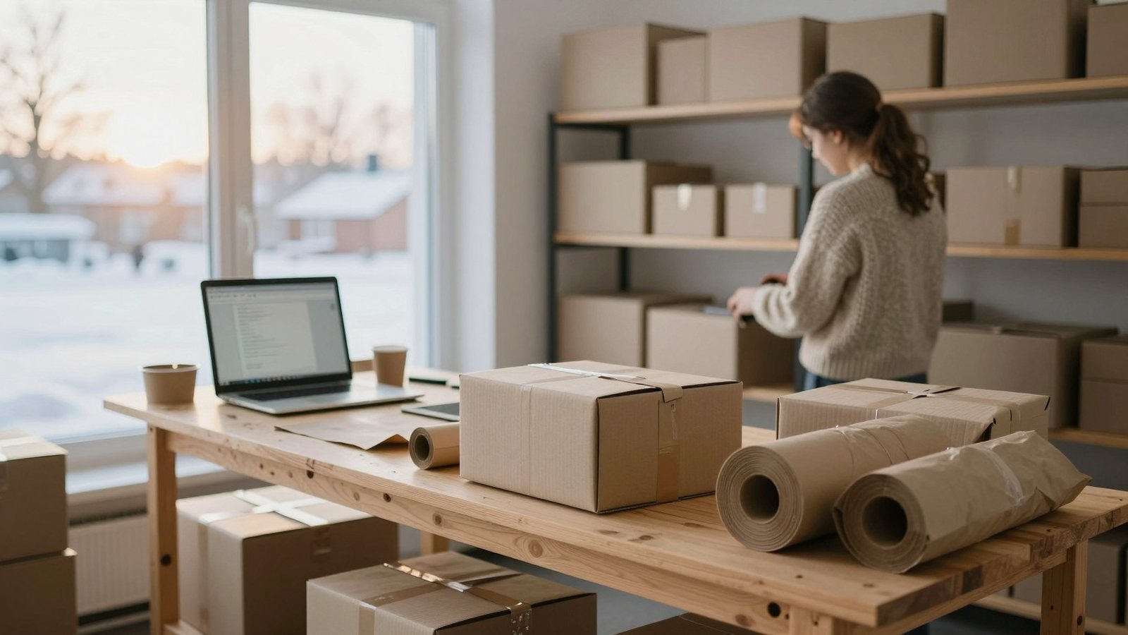 Verkkokaupan pakkauspöytä helmikuun aamuna, kannettava hyllyllä ja taustalla työntekijä sulkee pakettia