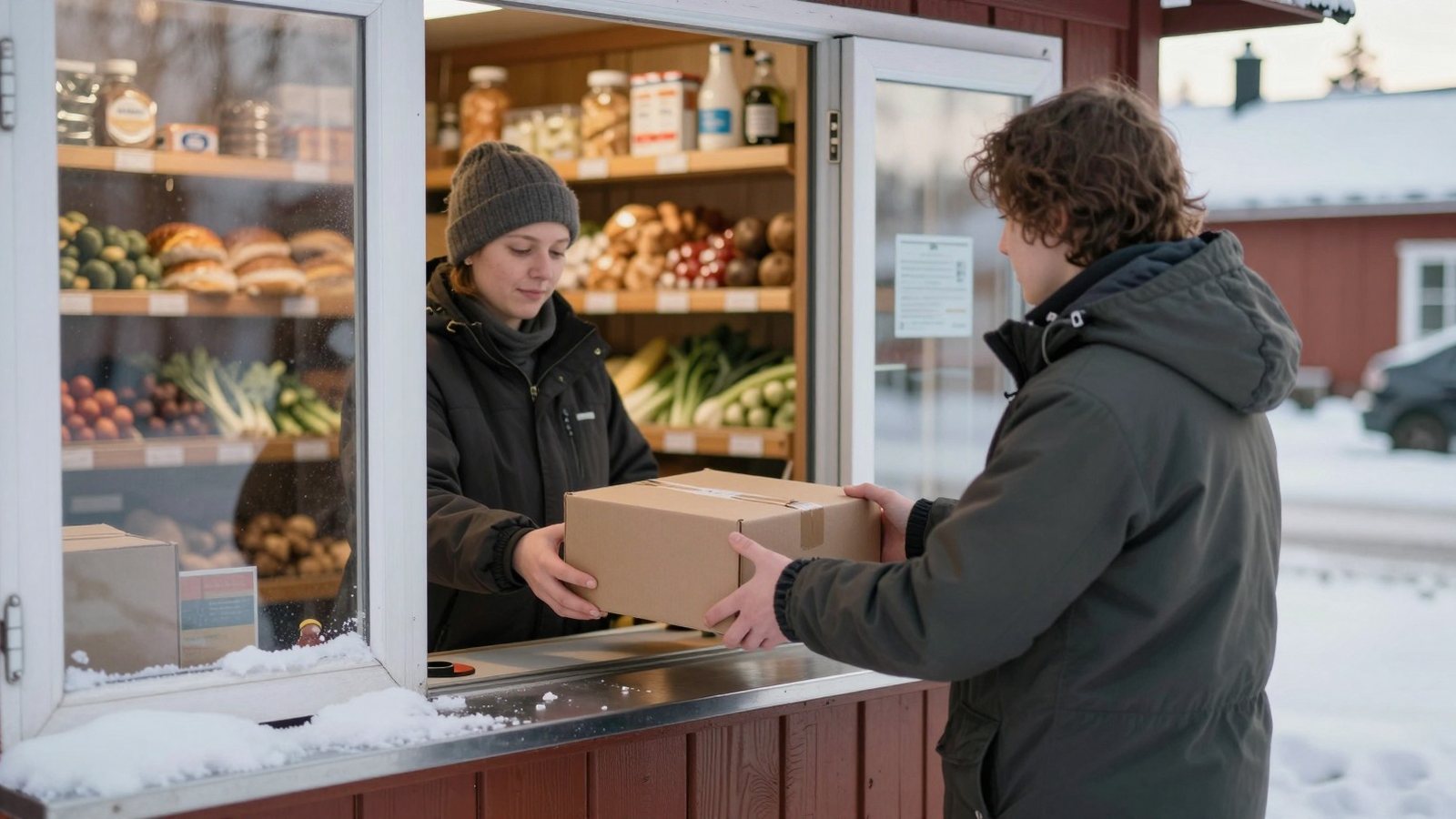 Asiakas ojentaa teipatun kenkälaatikon kyläkaupan pakettitiskin yli lumisena talvipäivänä