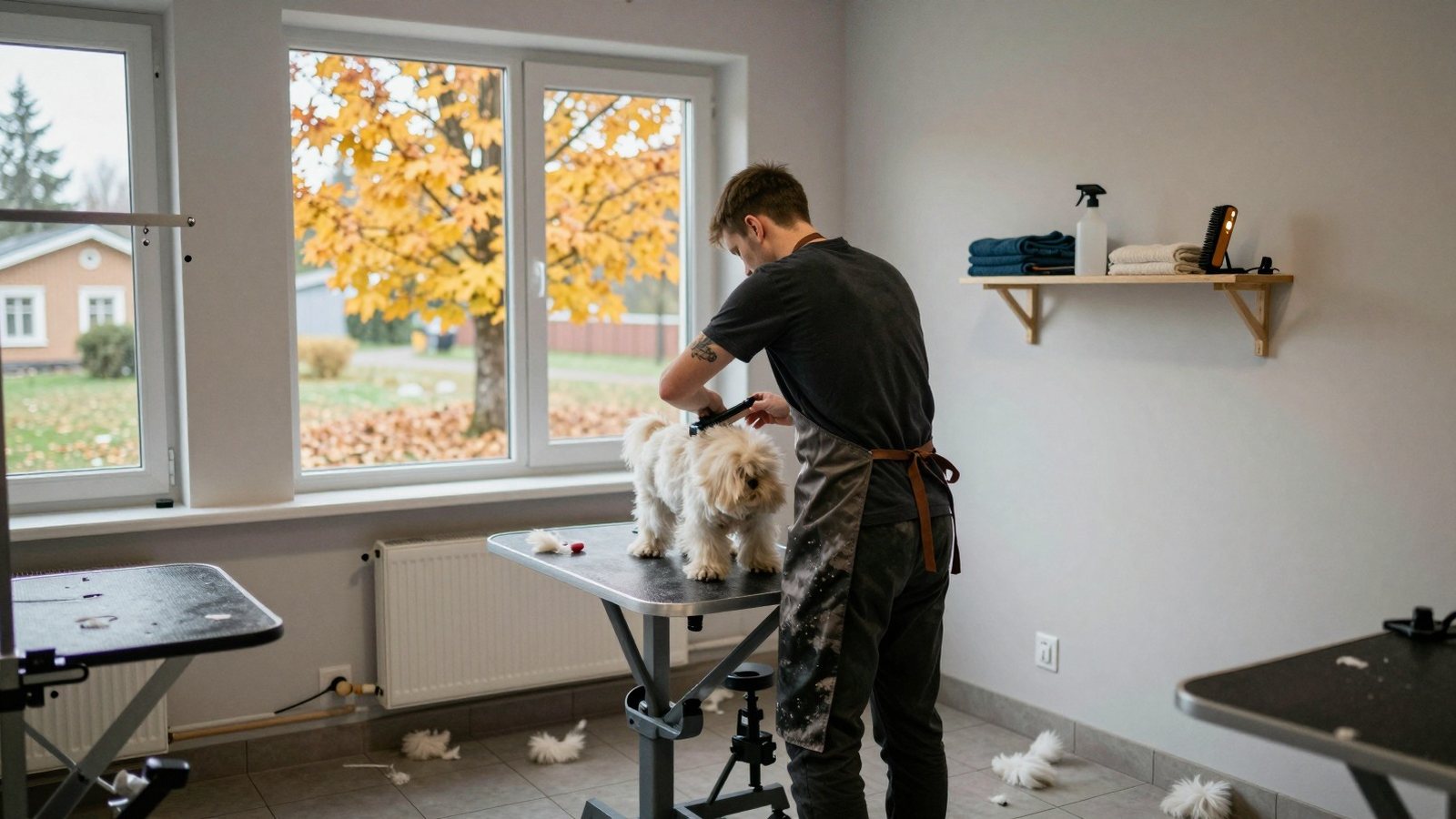Trimmaaja harjaa valkoista koiraa trimmauspöydällä, hyllyllä puhelimen näyttö syttyy