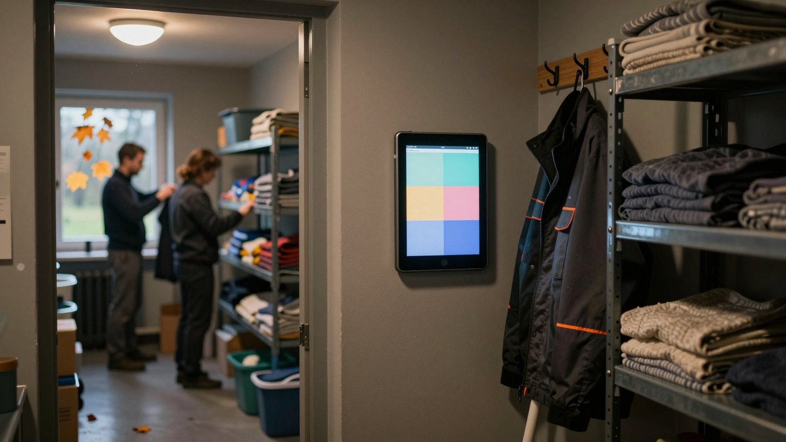 Seinään kiinnitetty tabletti siivousyrityksen varastossa syysaamuna, taustalla työntekijät pukevat takkeja