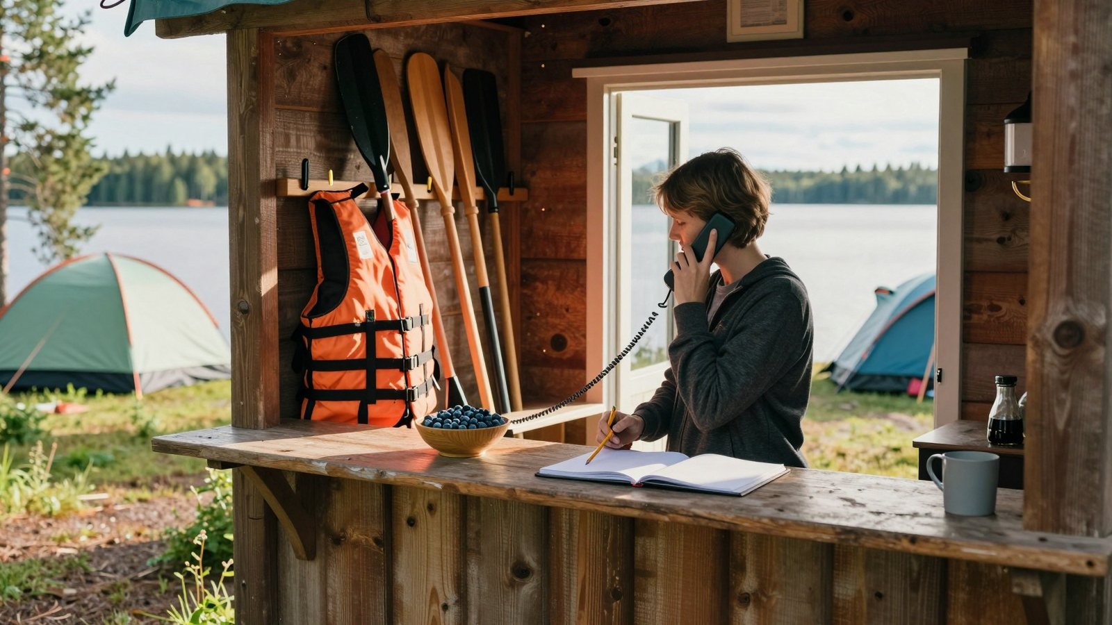 Leirintäalueen vastaanotossa ihminen puhuu puhelimeen, tiskillä avoin muistikirja ja seinällä meloja