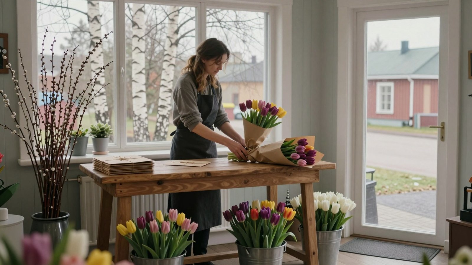 Kukkakauppias sitoo tulppaanikimppuja puisella työpöydällä, pöydän päässä pino kirjekuoria