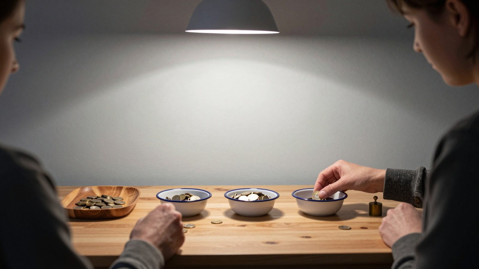 A woman sorts euro coins into three enamel bowls on a back room table under a single pendant lamp