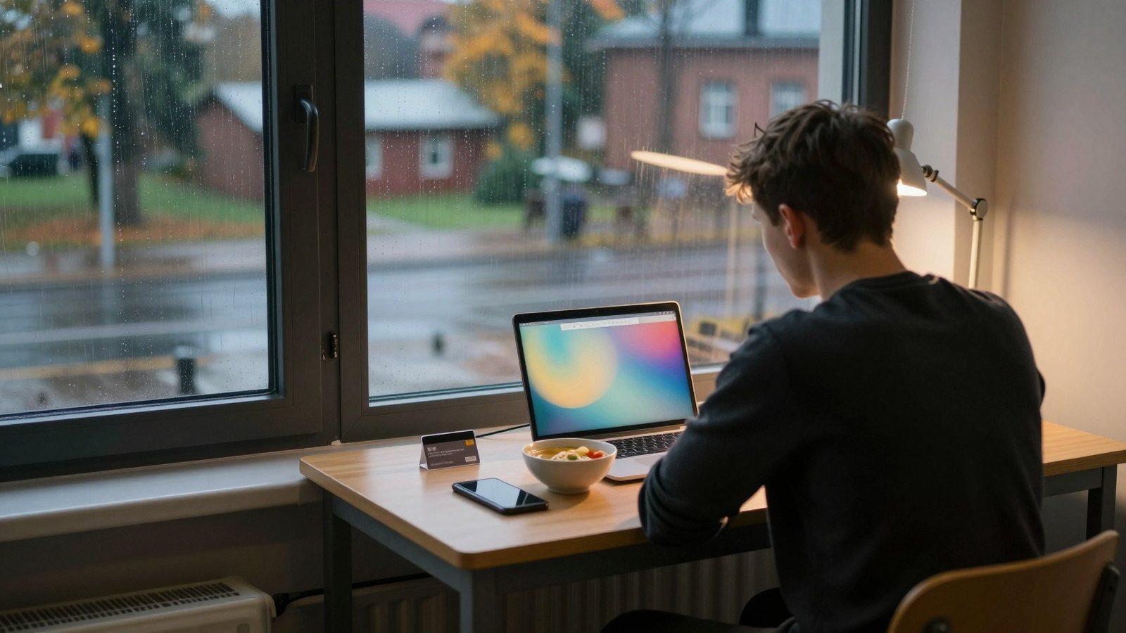 Nuori mies kannettavan tietokoneen ääressä sateisena iltana, pöydällä maksukortti ja puhelin