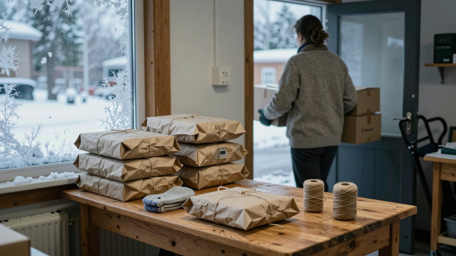 Neuletyöpajan pöydällä ruskeaan paperiin käärittyjä paketteja ja villalapasia, taustalla yrittäjä kantaa laatikoita