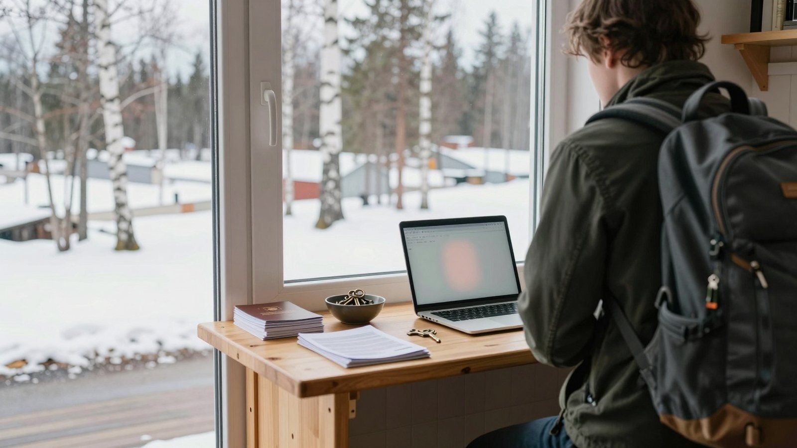 Matkailija odottaa pienen majatalon vastaanottotiskillä kevätiltapäivänä