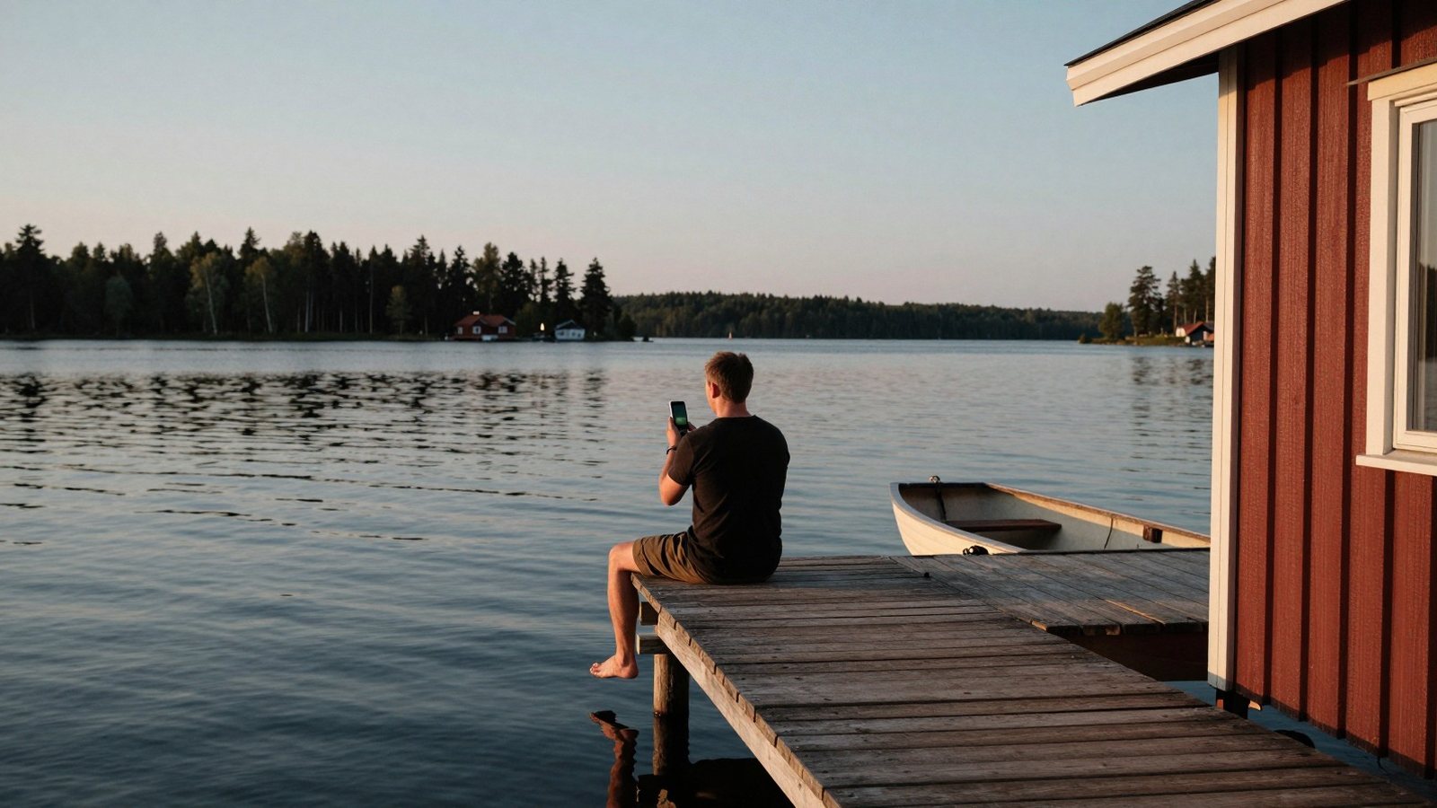 Mies katsoo puhelinta mökin laiturin päässä kesäillan auringossa, vieressä soutuvene