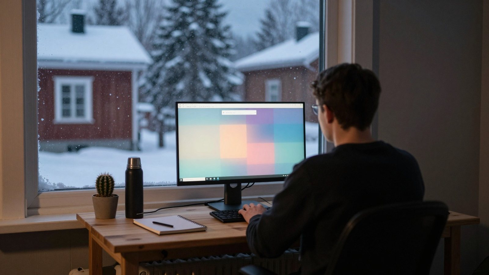 Ihminen työskentelee ison näytön ääressä talvi-iltana, ikkunan takana sataa lunta
