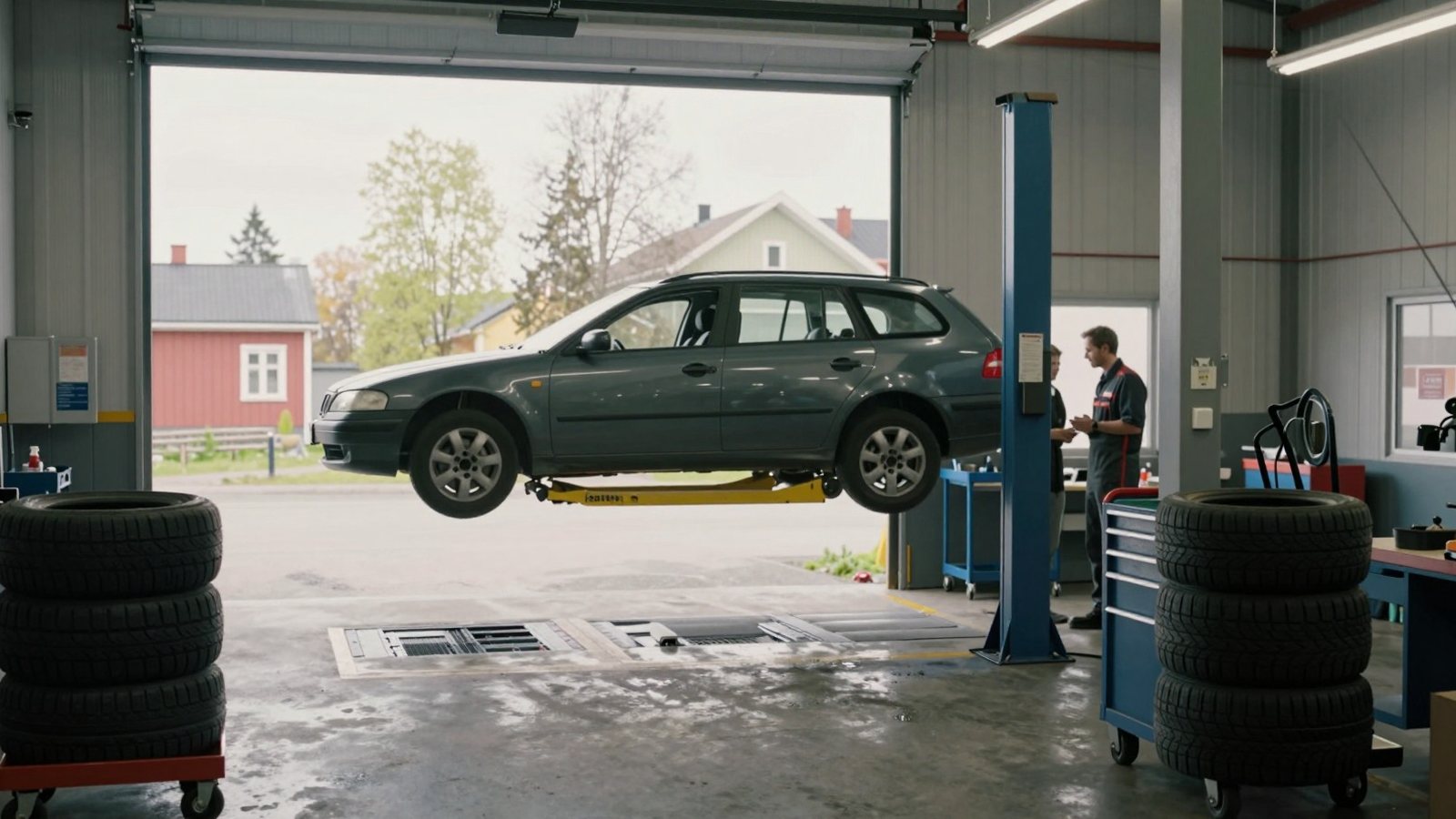 Korjaamon nosturilla harmaa farmariauto, mekaanikko ja asiakas keskustelevat avoimen oven luona