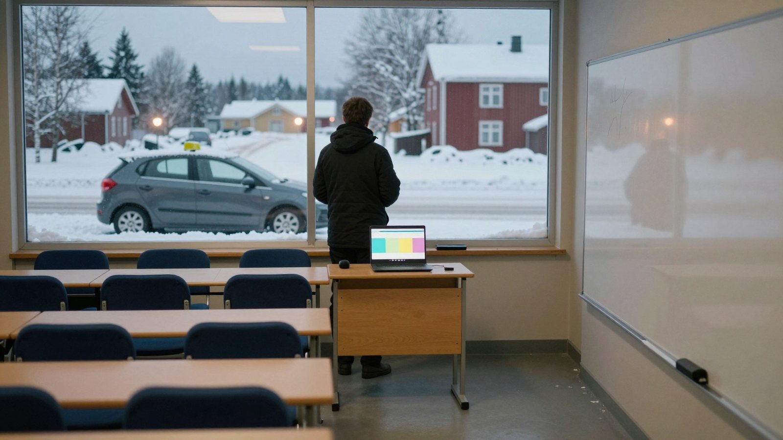 Autokoulun tyhjä opetusluokka talvi-iltana, opettaja ikkunan ääressä ja pihalla lumen peittämä harjoitusauto
