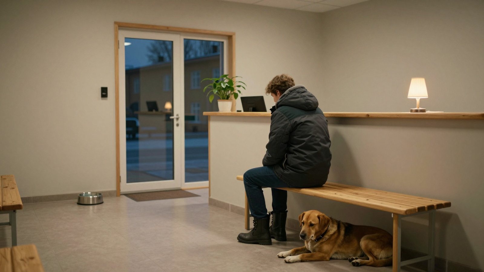 Koiranomistaja odottaa illalla eläinlääkärin odotushuoneen penkillä, ruskea koira jalkojen juuressa