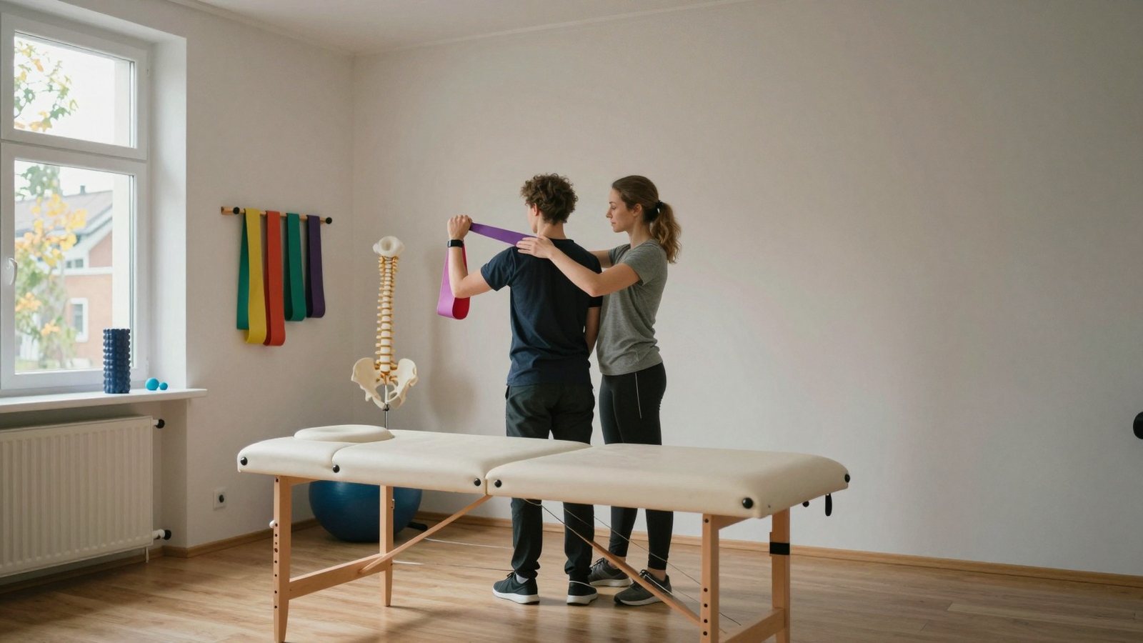 Fysioterapiahuone, jossa hoitopöytä ja kuminauhoja seinätelineessä, taustalla terapeutti ohjaa asiakasta