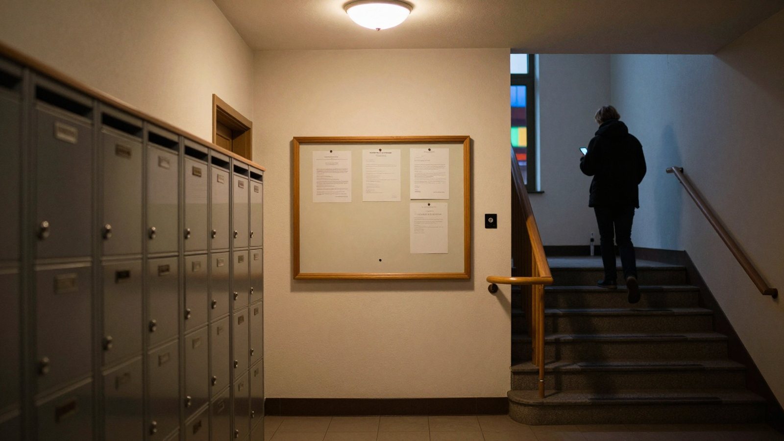 Kerrostalon porraskäytävä syysiltana, ilmoitustaulu ja postilaatikot, asukas selin puhelin kädessä