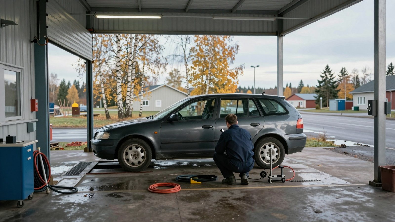 Auto tarkastusmontun päällä katsastushallissa ja tarkastaja kyykyssä etupyörän vieressä
