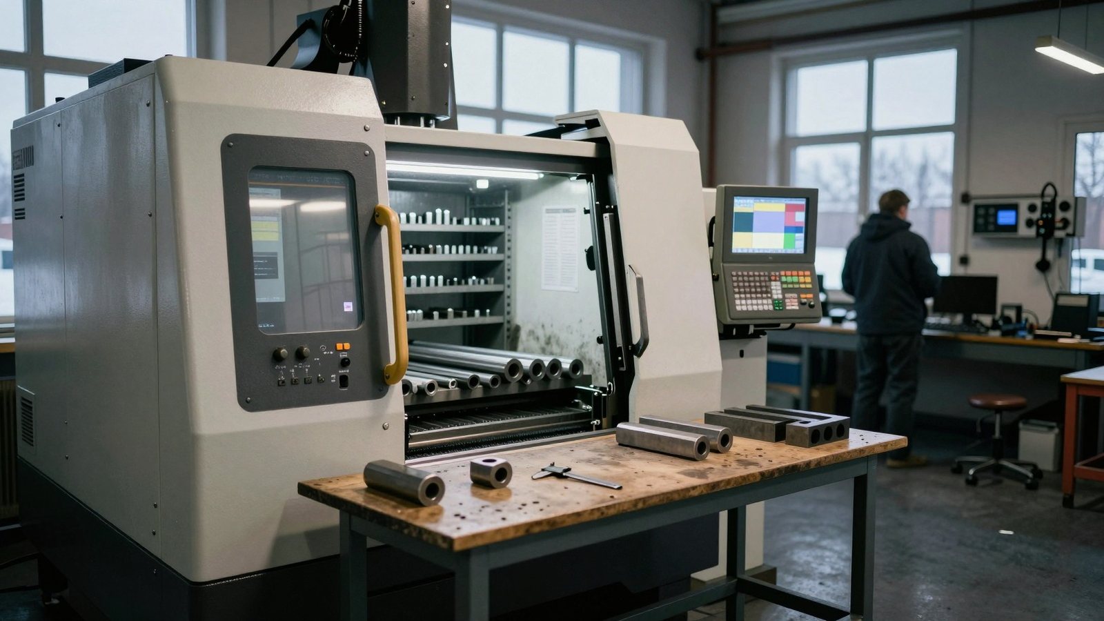 Konepajan työpöydällä koneistettuja metalliosia ja työntömitta, taustalla koneistaja CNC-koneen vieressä