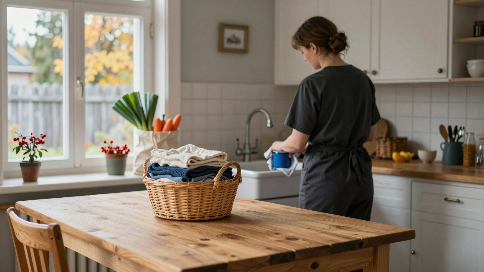 Kotipalvelun työntekijä selin keittiössä, pöydällä puhdasta pyykkiä ja kauppakassi syysaamuna