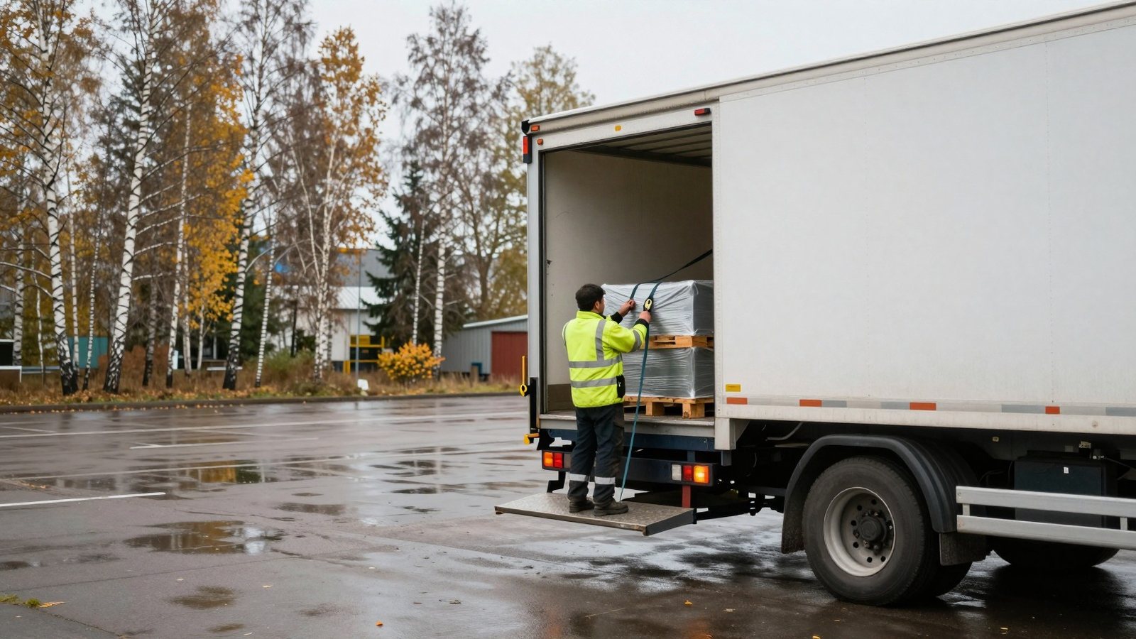 Työntekijä kiinnittää lavaa kuorma-auton perälaudalla sateisella pihalla syysaamuna