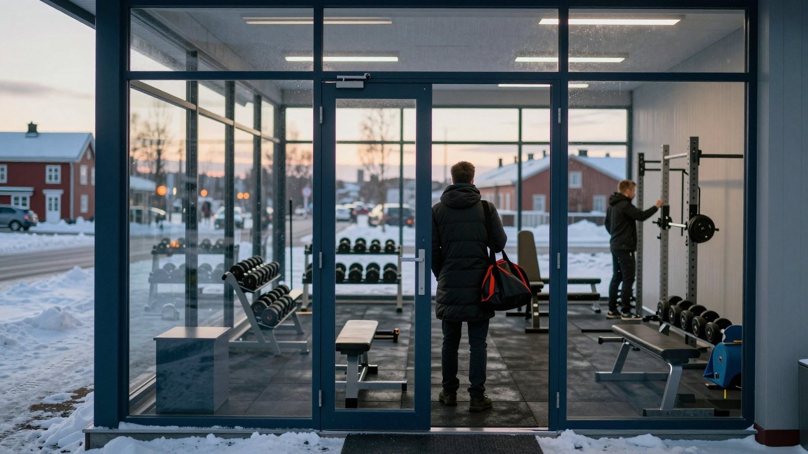 Talvitakkinen ihminen urheilukassin kanssa seisoo kuntosalin ovella aamuhämärässä