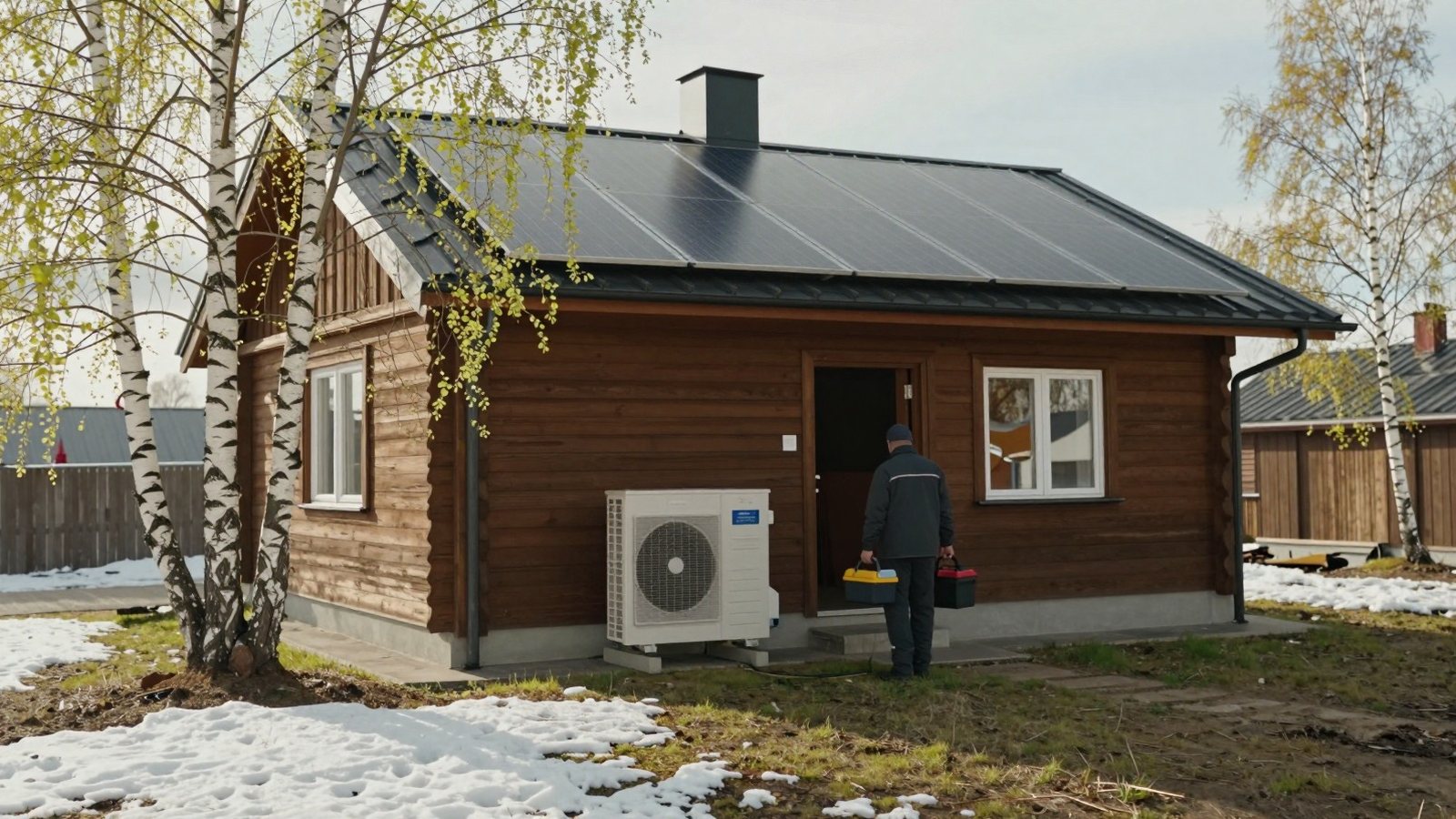 Omakotitalon katolla aurinkopaneelit ja seinän vieressä lämpöpumpun ulkoyksikkö kevätaamuna