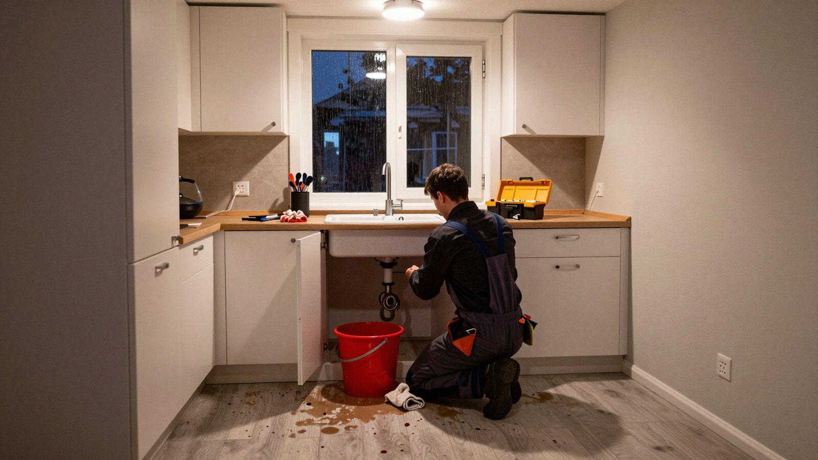 Putkimies polvillaan tiskialtaan avoimen kaapin edessä, lattialla vettä, ämpäri ja pyyhkeitä