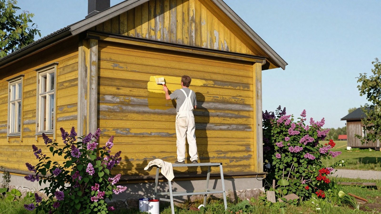 Maalari telineillä maalaa keltaisen puutalon ulkolautoja kirkkaana kesäaamuna