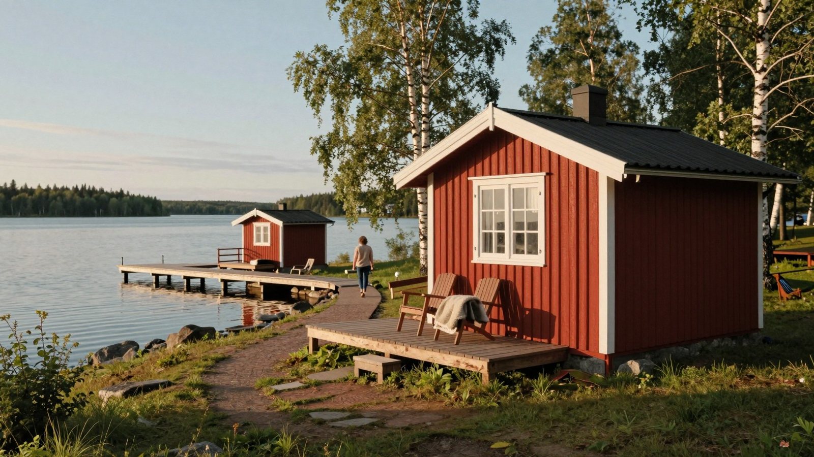 Punainen puumökki järven rannalla heinäkuun iltana, terassilla kaksi tuolia, rannassa laituri ja pieni sauna
