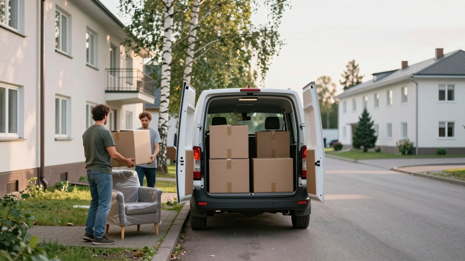 Muuttopäivä kerrostalon edessä kesäaamuna, pakettiauton takaovet auki ja muuttolaatikoita jalkakäytävällä