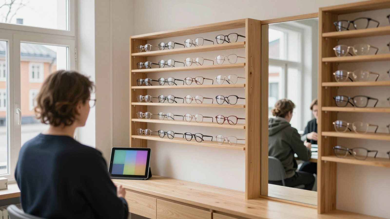 Pienen optikkoliikkeen kehyshyllyt kevätaamun valossa, taustalla optikko juttelemassa asiakkaan kanssa