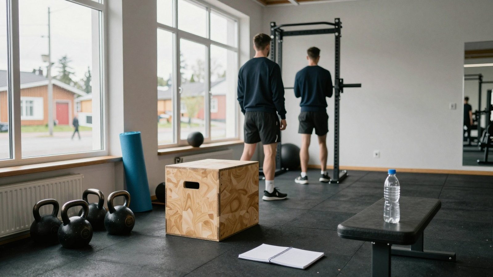 Pieni valmennusstudio huhtikuun aamuna, lattialla kahvakuulia ja jumppamatto, taustalla valmentaja ja asiakas