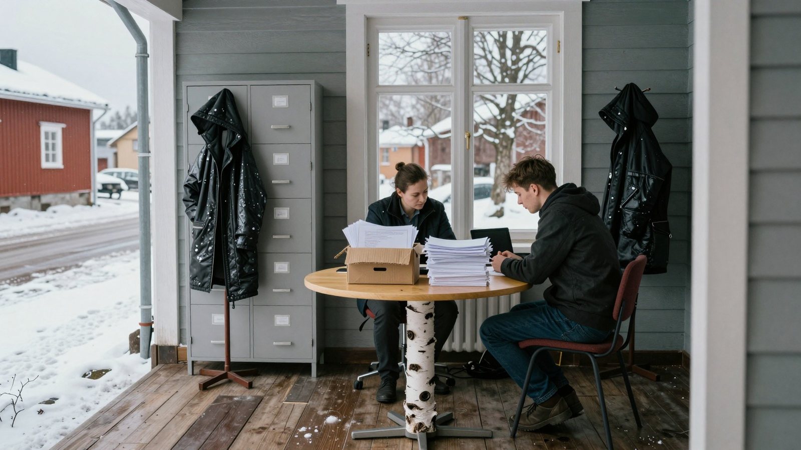 Kaksi ihmistä istuu toimiston ikkunapöydän ääressä, välissä pahvilaatikko täynnä papereita