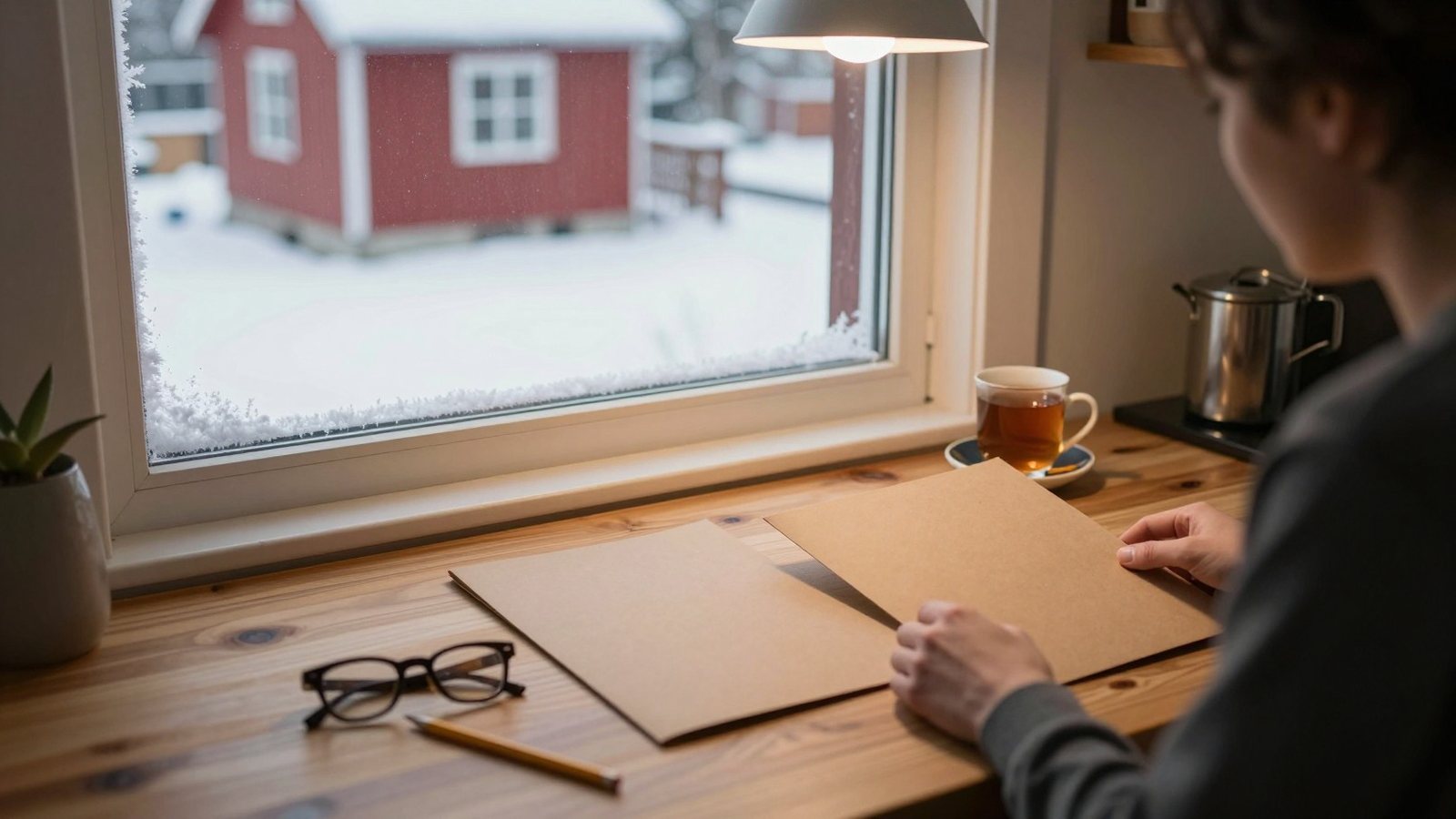 Kaksi suljettua kansiota keittiönpöydällä talvi-illan lampun valossa, vieressä lukulasit ja teekuppi