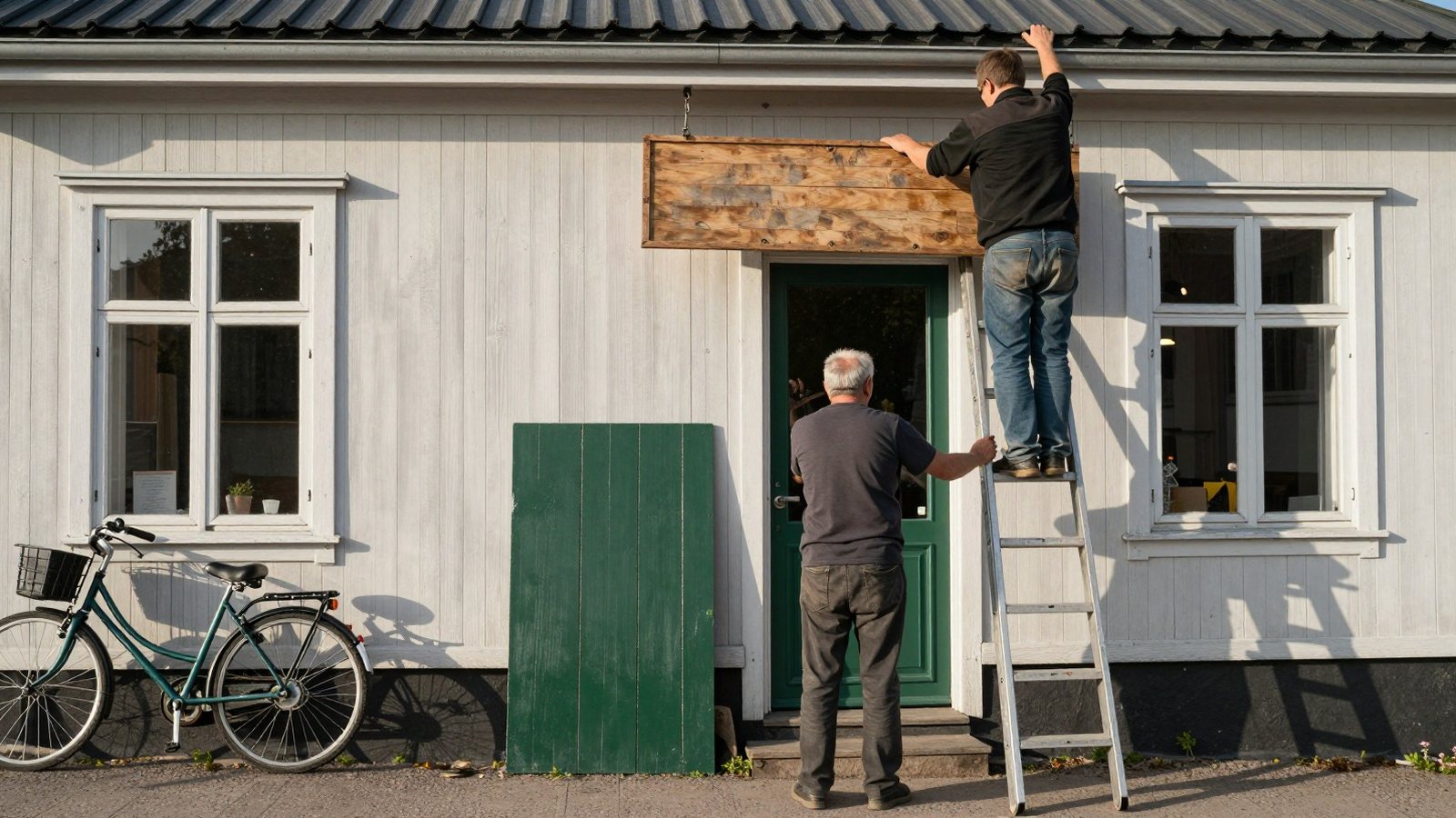 Työntekijä nostaa vanhaa puista kylttiä alas liikkeen oven yltä, uusi vihreä kyltti seinää vasten