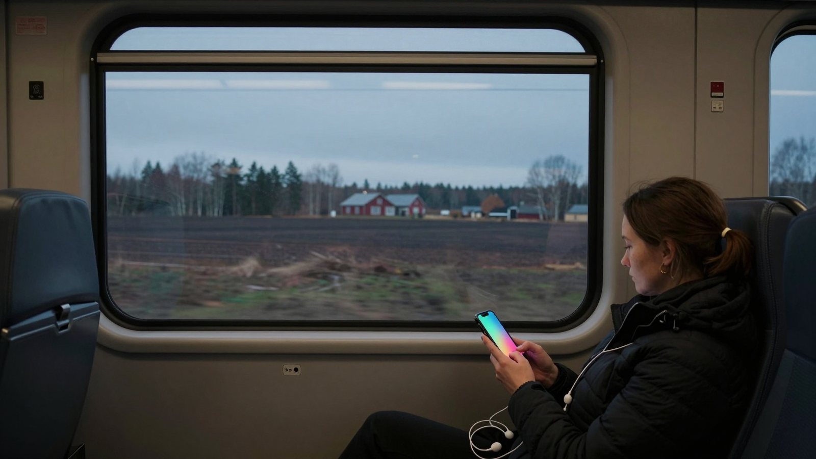 Nainen katsoo videota puhelimesta junassa hämärän aikaan, kuulokkeet sylissä