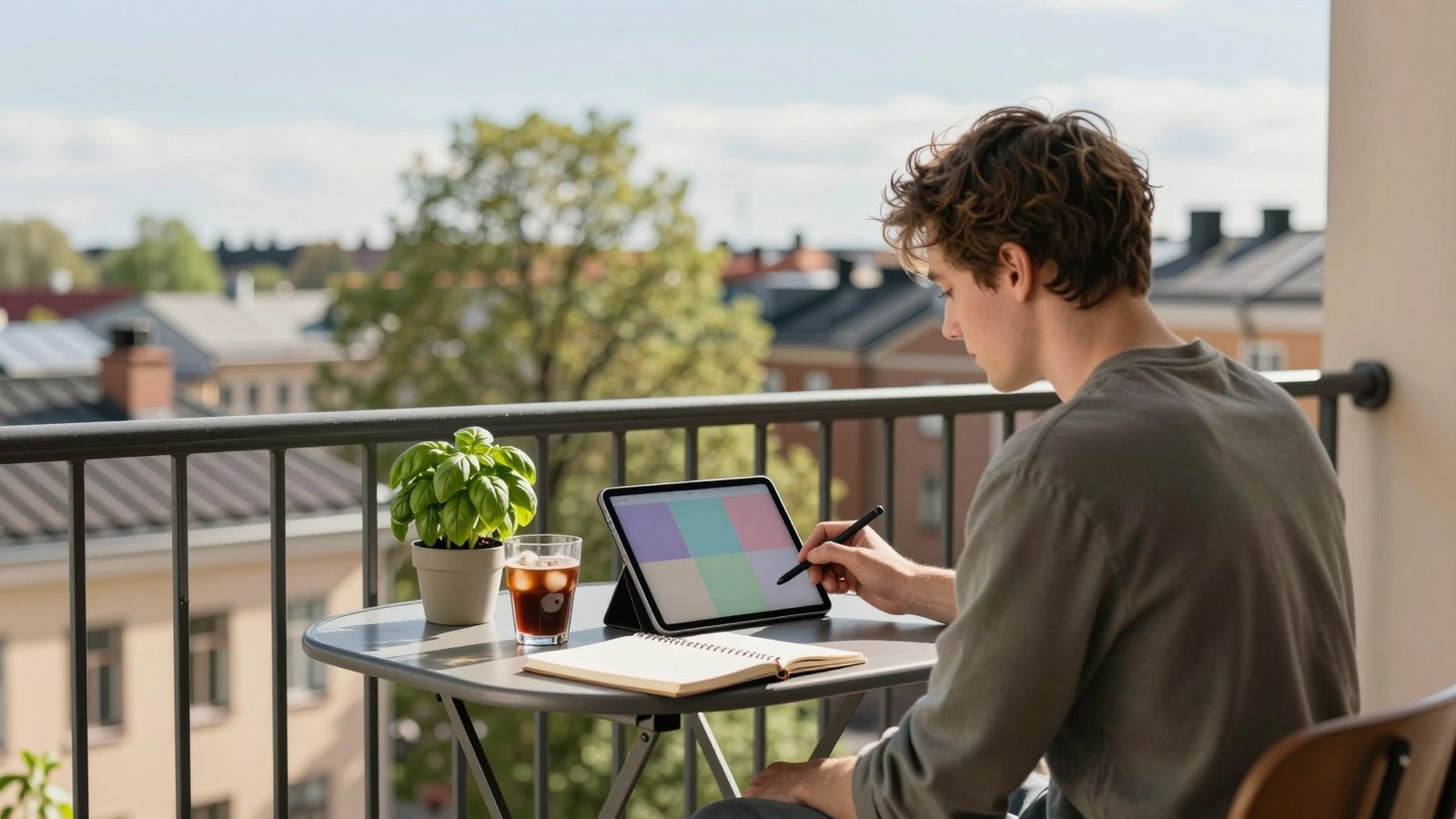 Nuori ihminen käyttää tablettia ja kynää aurinkoisella parvekkeella