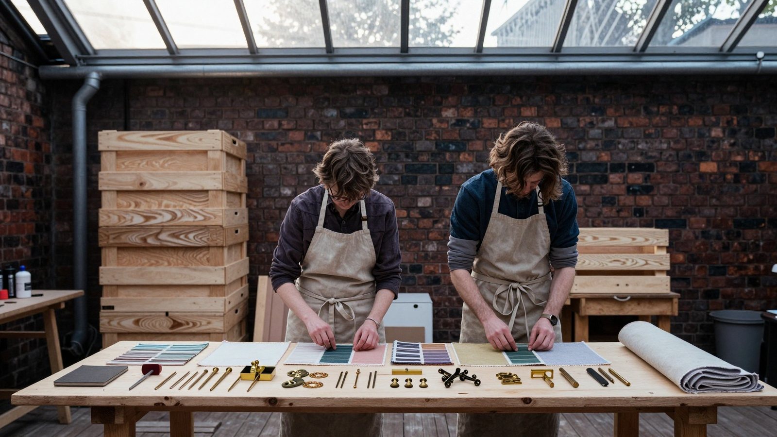 Two makers in work aprons seen from behind laying out fabric swatches on a long table in a Helsinki courtyard workshop.