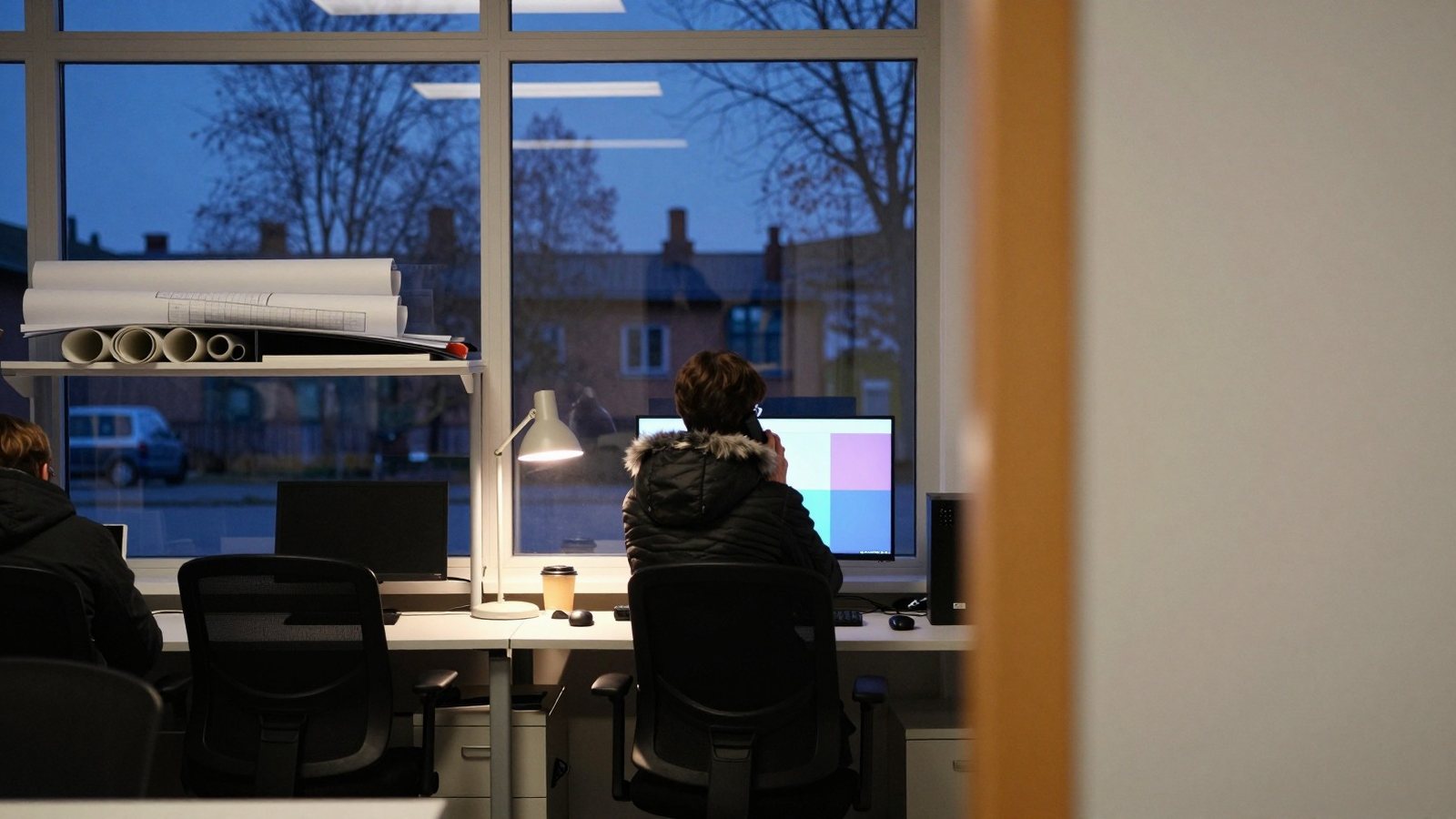 Talvitakkiin pukeutunut ihminen puhuu puhelimeen näytön ääressä hämärässä toimistossa