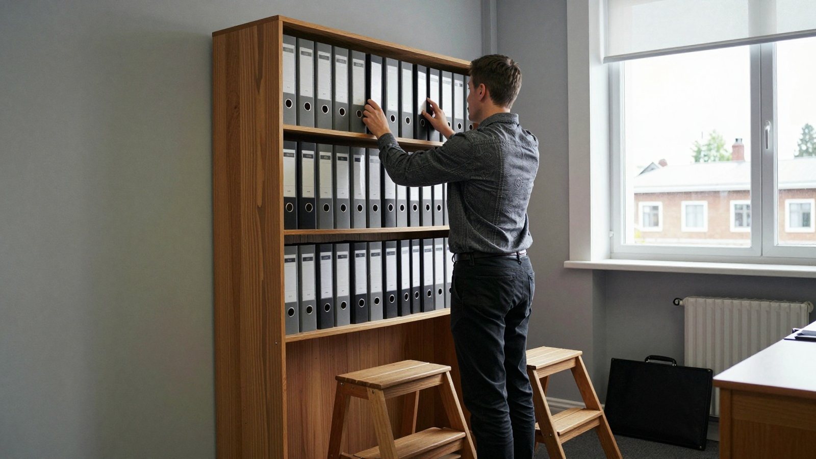 An accountant slides a row of grey archive binders back onto a high shelf in a small Finnish office