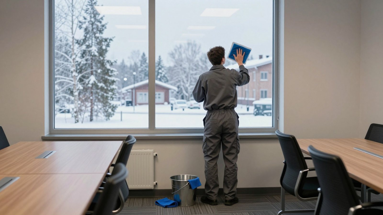 A cleaner seen from behind wiping a tall office window in the pale winter light.