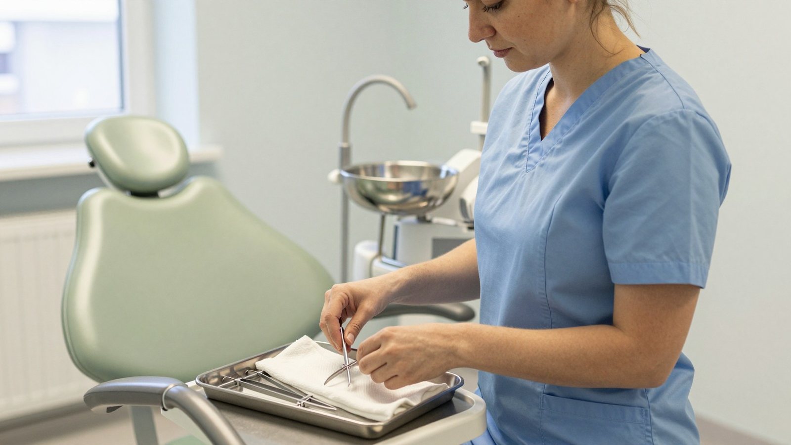 A dental nurse arranging clean steel instruments on a tray in a treatment room lit by a window.