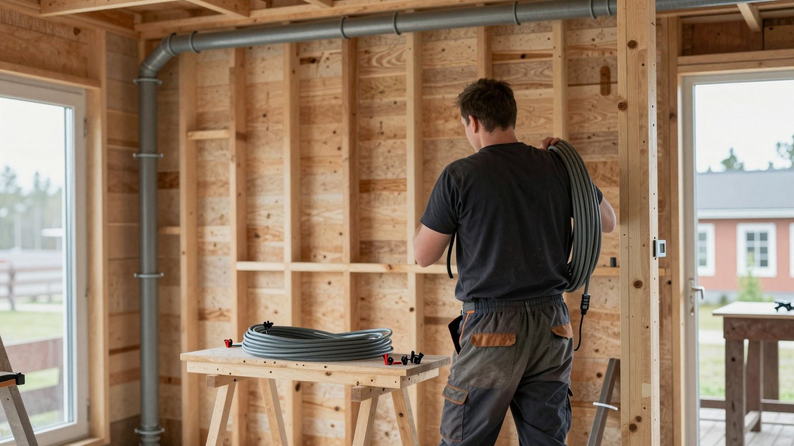 An electrician seen from behind coiling cable beside a timber framed wall on a building site.